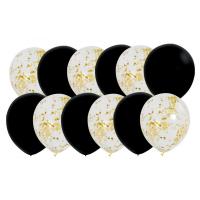 PACK 12 BALLONS NOIR ET CONFETTIS OR