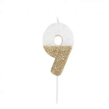 BOUGIE CHIFFRE 9 BLANCHE PAILLETTES OR 7CM SUR PIC