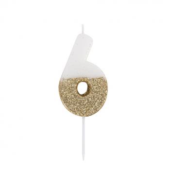 BOUGIE CHIFFRE 6 BLANCHE PAILLETTES OR 7CM SUR PIC