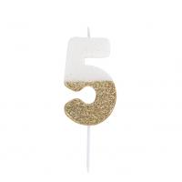 BOUGIE CHIFFRE 5 BLANCHE PAILLETTES OR 7CM SUR PIC