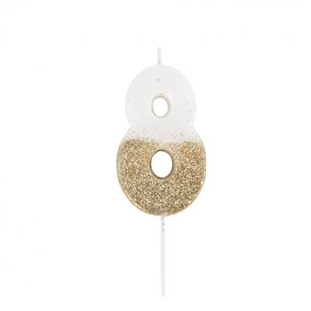 BOUGIE CHIFFRE 8 BLANCHE PAILLETTES OR 7CM SUR PIC