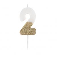 BOUGIE CHIFFRE 2 BLANCHE PAILLETTES OR 7CM SUR PIC