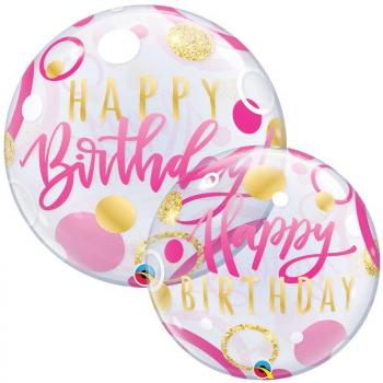 BALLON BUBBLE BIRTHDAY POIS ROSE ET OR 22"56CM