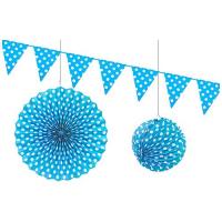 DECORATION PAPIER A POIS TURQUOIS (lampion, rosace, guirlande fanion)