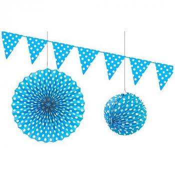 DECORATION PAPIER A POIS TURQUOIS (lampion, rosace, guirlande fanion)