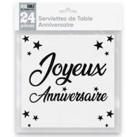 SERVIETTES ANNIVERSAIRE BLANCHES METALLISEES X24