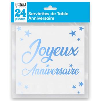 SERVIETTES ANNIVERSAIRE BLEU METALLISEES X24