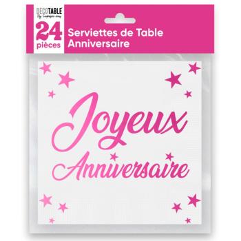 SERVIETTES ANNIVERSAIRE FUCHSIA METALLISEES X24