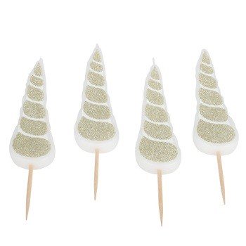 BOUGIES CORNE DE LICORNE BLANC PAILLETTES CHAMPAGNE 10,5CM  X4